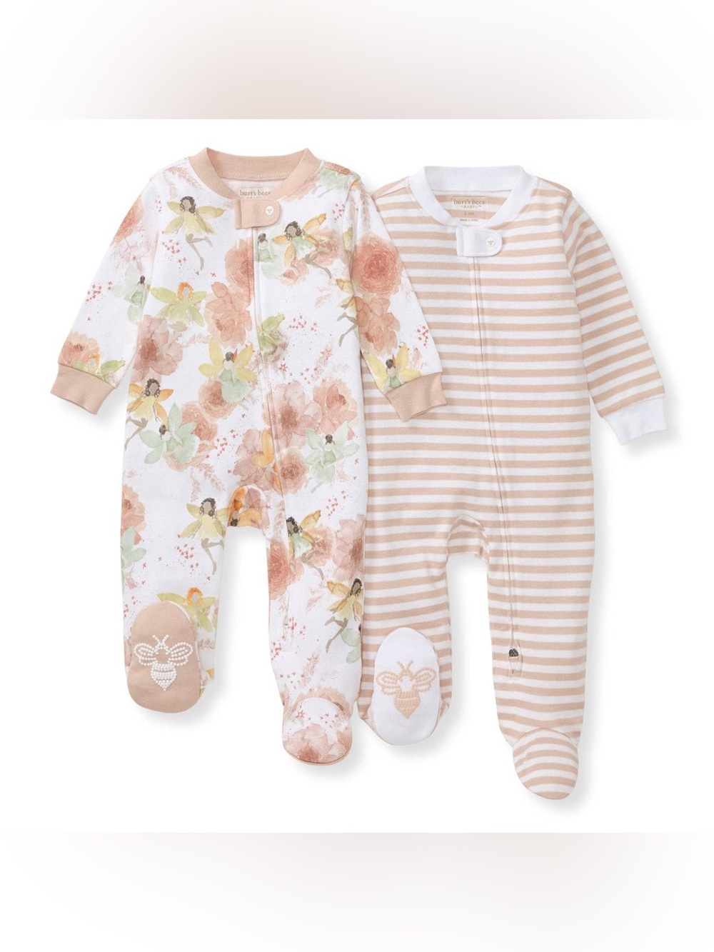 2 Burt's Bees Baby Sleep & Play Peach Floral & Stripe Organic Cotton Footie Set